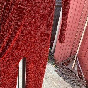 Red Textured Long Sleeve Jumpsuit